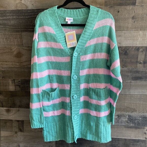 LuLaRoe Lucille Knit Cardigan Pink/Green Stripe Size S Oversized Sweater - Picture 1 of 6
